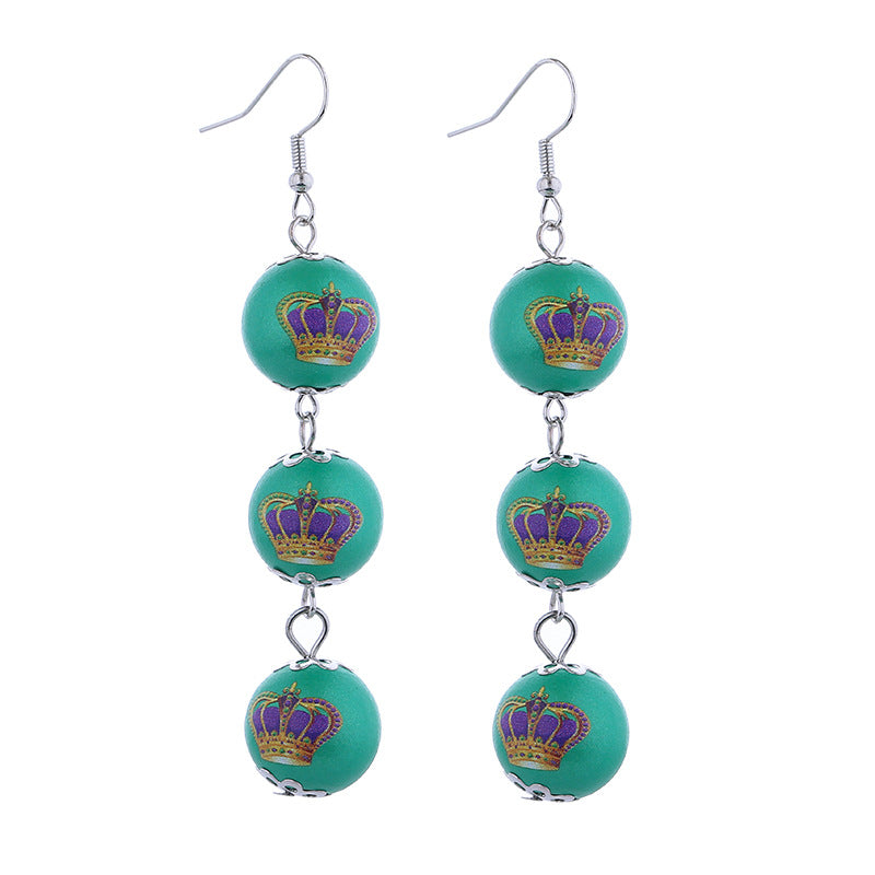 Wholesale Mardi Gras Earrings Purple Yellow Green Tricolor Beaded Long Earrings