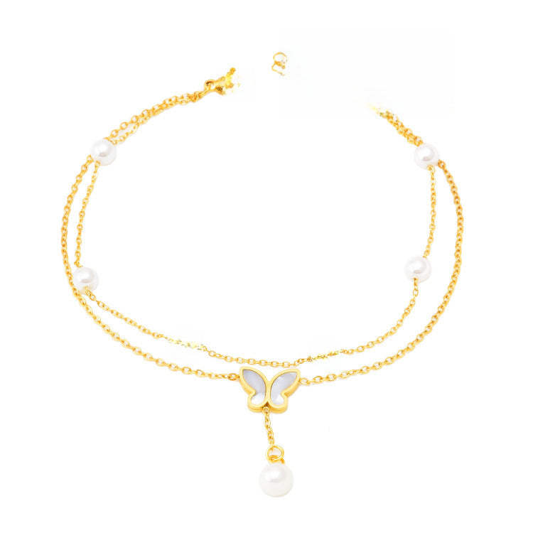 Wholesale Titanium Steel double-layer anklet Pearl butterfly  Shell anklet