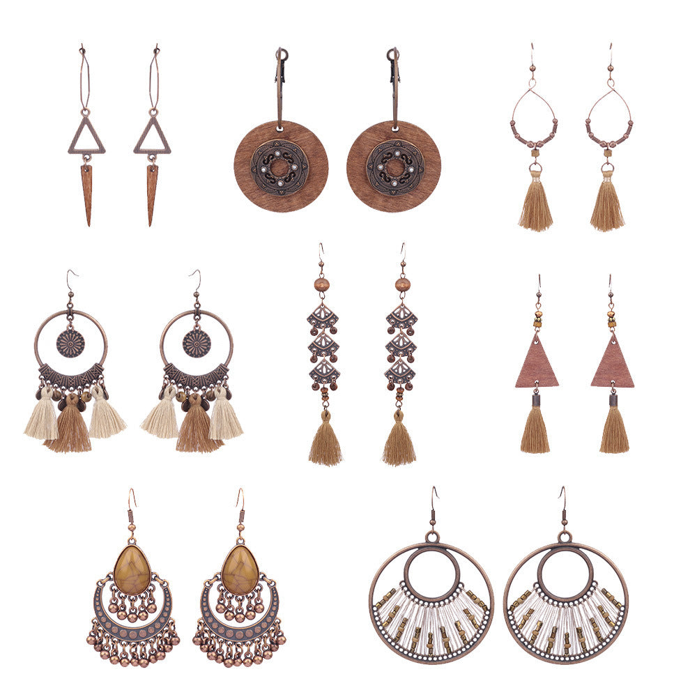 Wholesale Bohemian Wooden Earrings Tassel Bell Pendant Triangle Design Fashion Jewelry Accessory