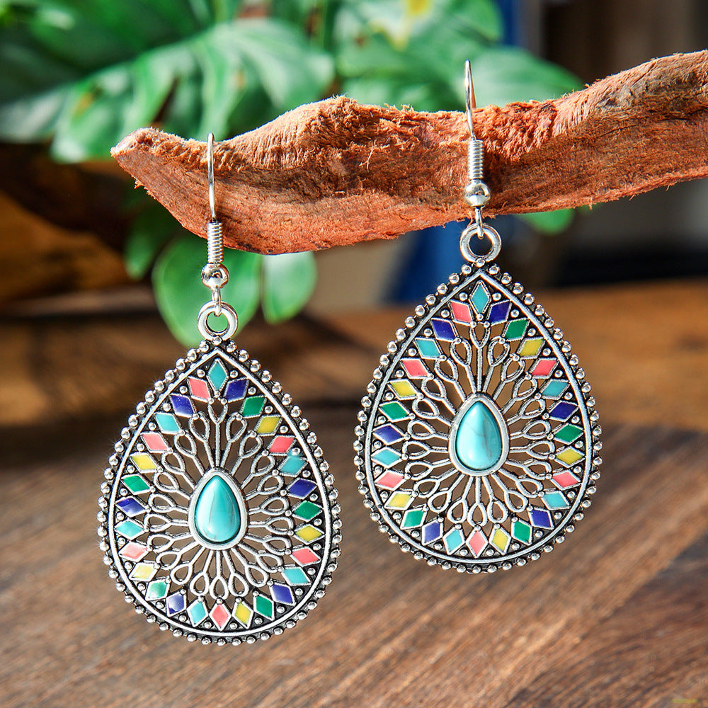 Wholesale Retro Bohemian Turquoise Alloy Earrings Party Wear Fashion Accessory
