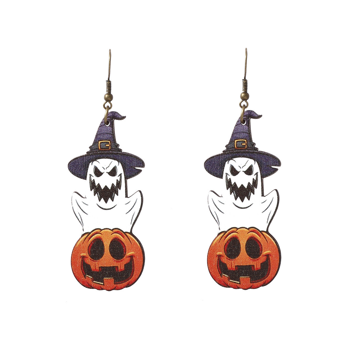 Wholesale  Wooden Printed Ghost Pumpkin Earrings