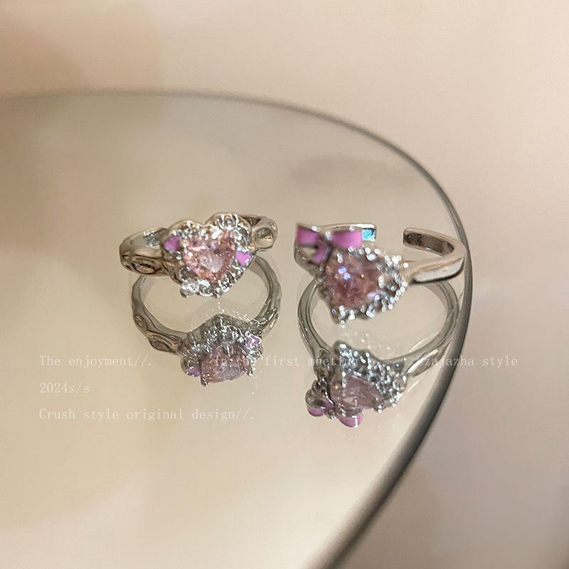 Wholesale Zinc Alloy Electroplated Adjustable Bowknot Heart Zircon Ring Women S Trendy Gift