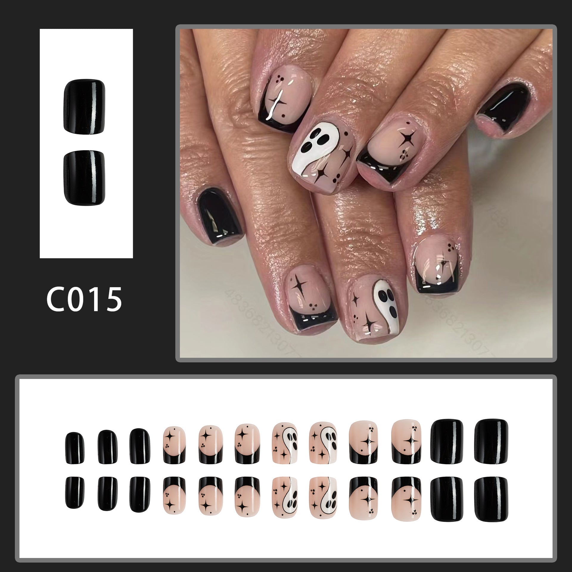 Wholesale 24 Pieces/box Halloween Ghost Contrasting Color Black and White Cute Nail Art Tablets Press-on Nails Kits Nail Stickers ACC-NS-GuaiXL044