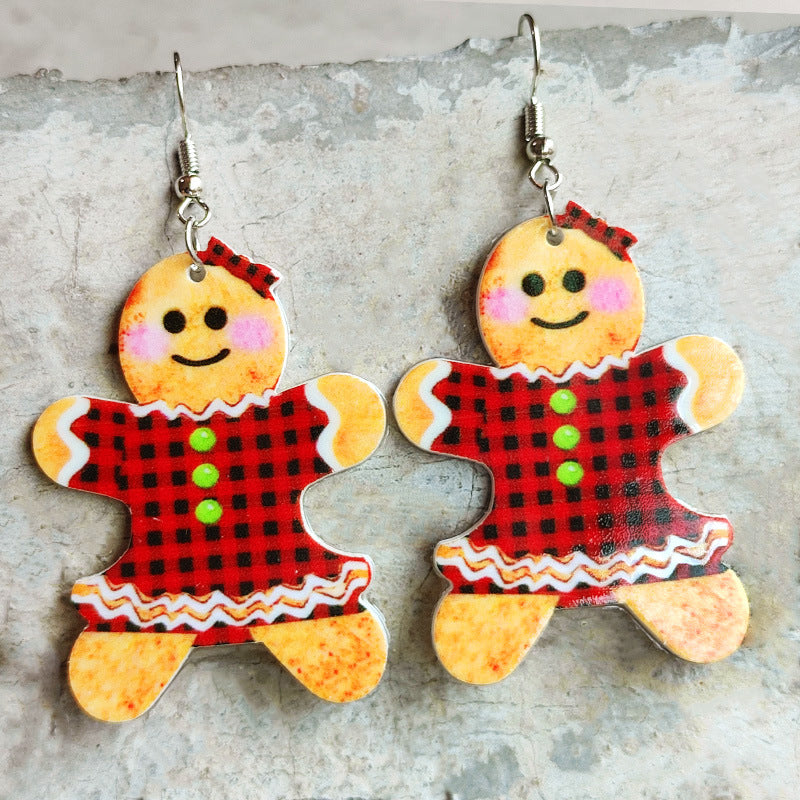 Wholesale 2pairs/pack Christmas Rainbow Leopard Checkered Gingerbread Man Candy Colored Lights Bright Oil Acrylic Earrings ACC-ES-HY125