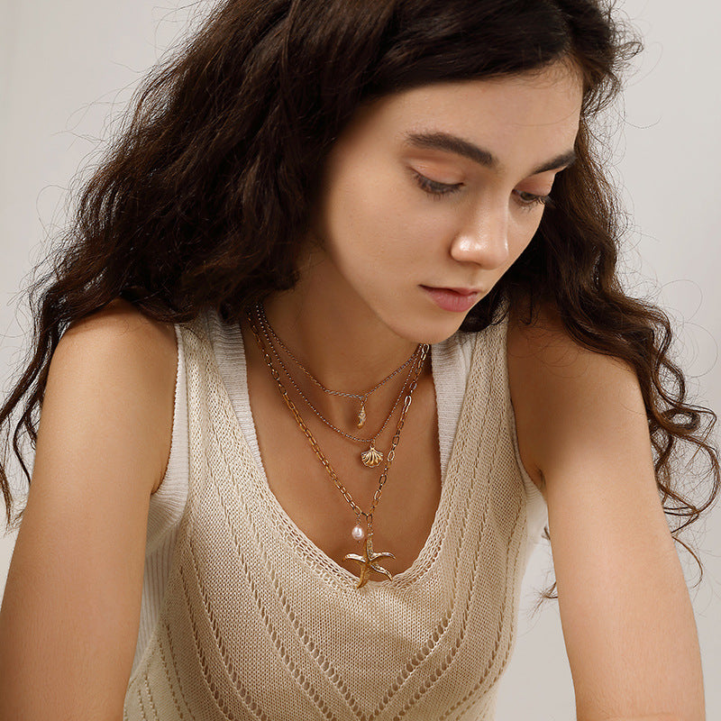 Wholesale Stainless Steel Three-Layer Pearl Starfish Pendant Necklace
