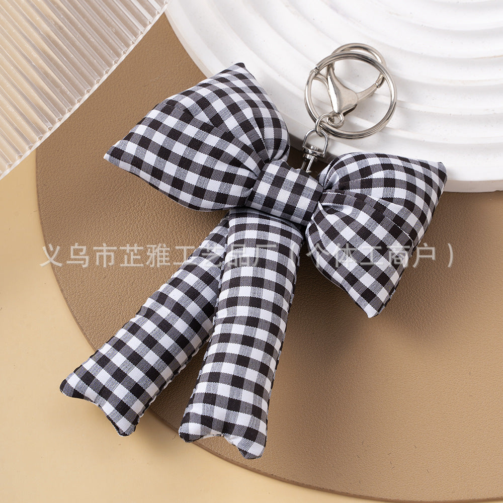 Wholesale  Blue Pink Plaid Handmade Fabric Bow Pearl Car Keychain