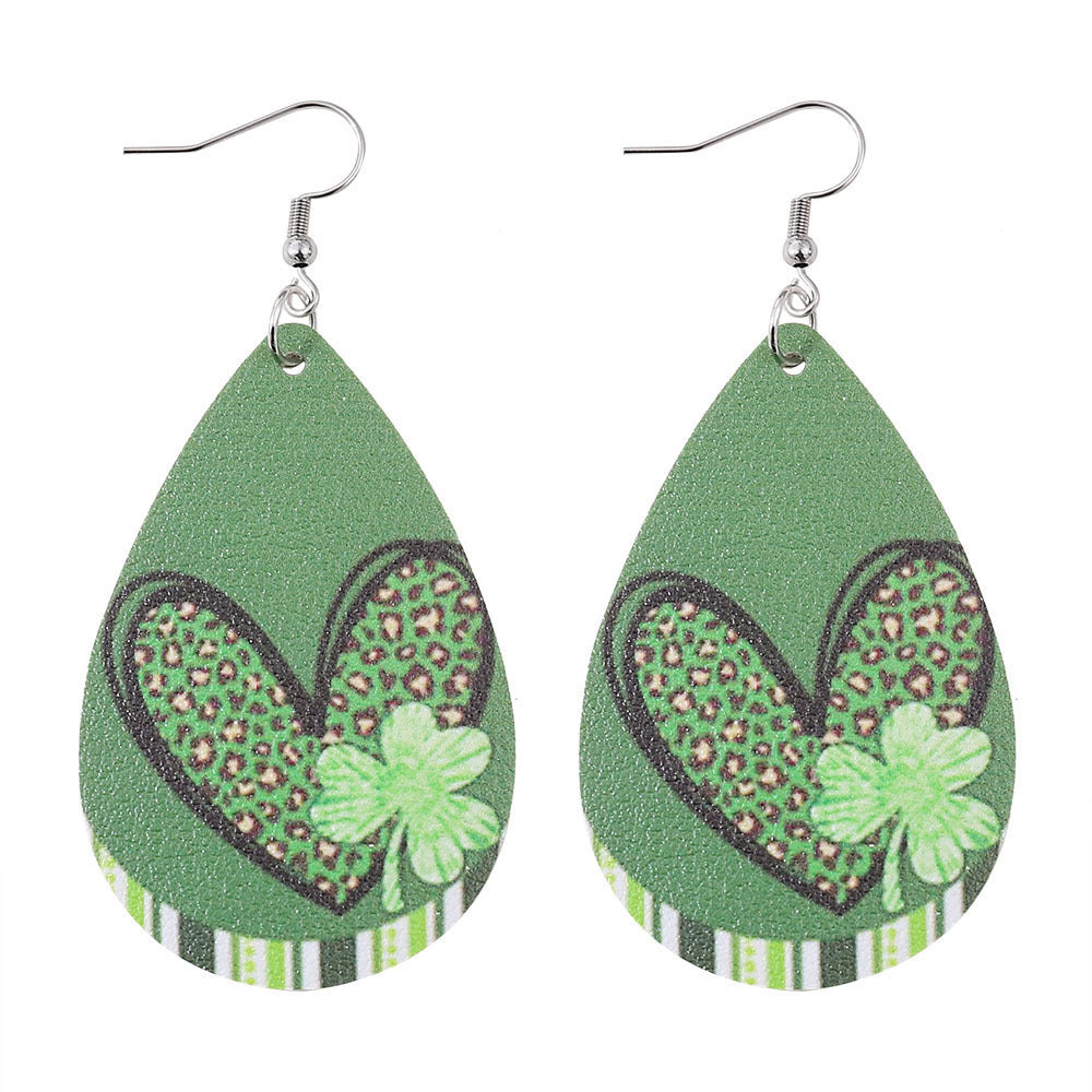 Wholesale St Patrick's Day  Green  leopard print love clover earrings