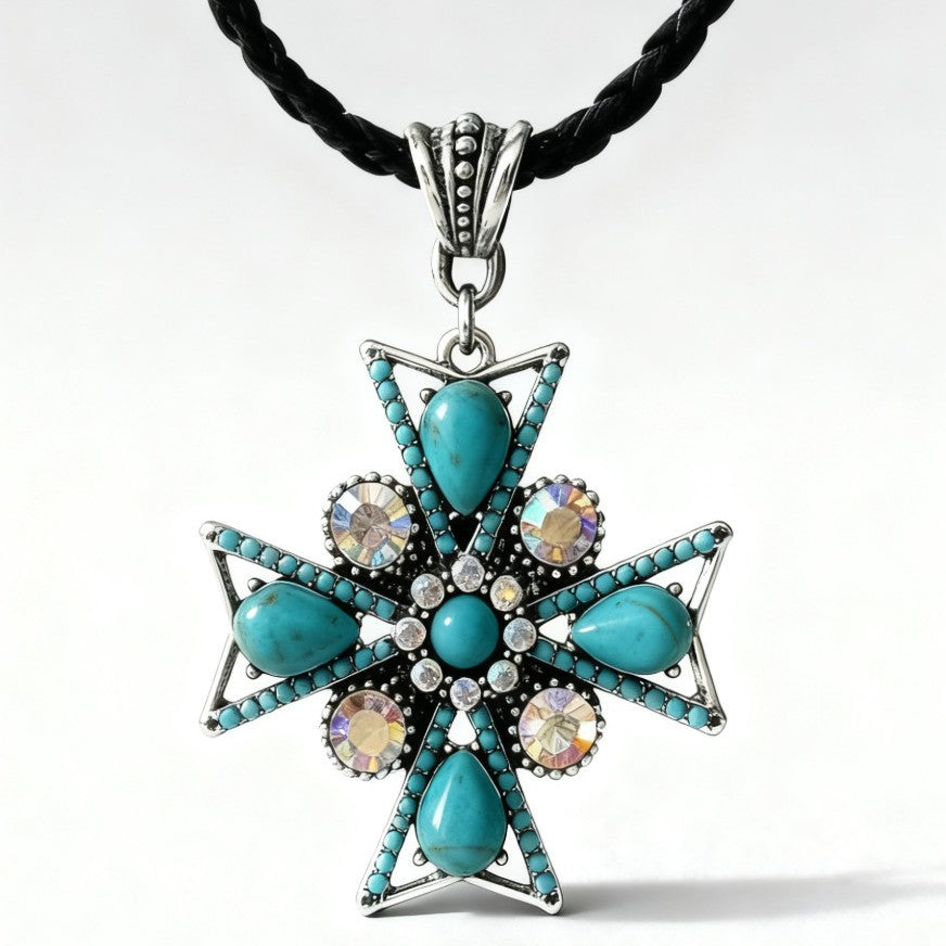 Wholesale Rhinestone Cross Pendant Necklace with Leather Rope,  Boho Style Fashion Accessory for Women