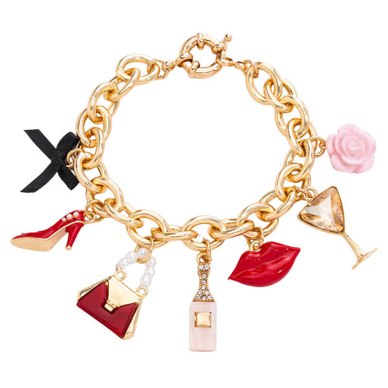 Wholesale  Light Luxury Dropping Oil Lady Lipstick Goblet Pendant Zinc Alloy Bracelet