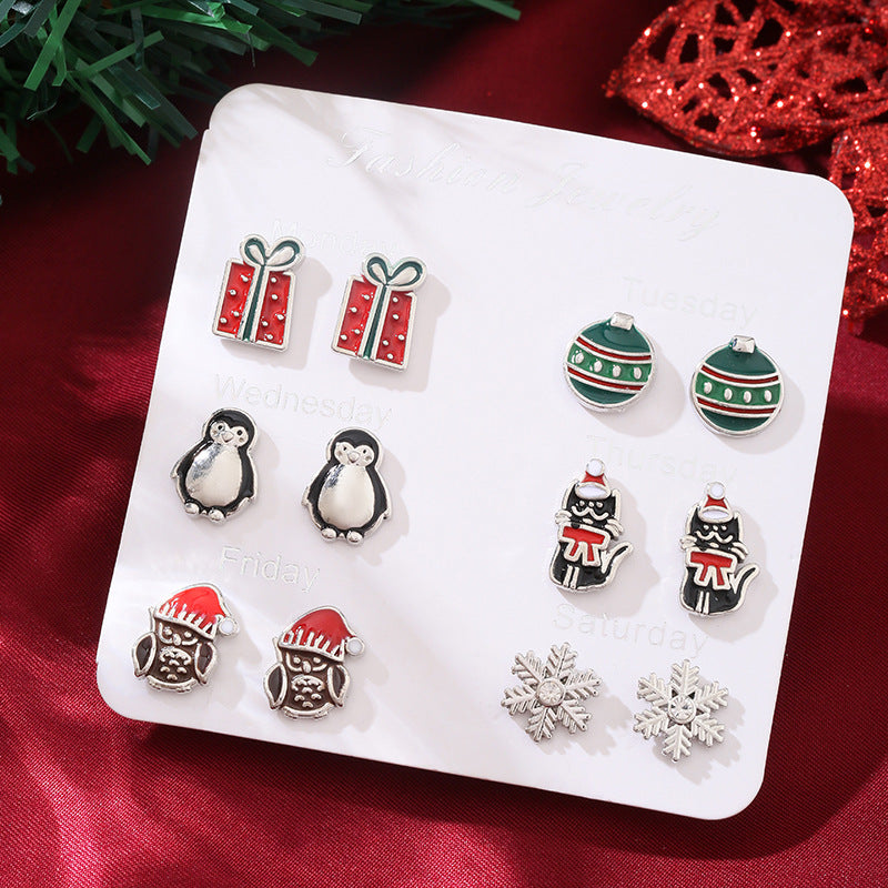 Wholesale Christmas Earrings Combination Cartoon Holiday Alloy Oil Dropping Elk Elk Elder Bell Earrings suit