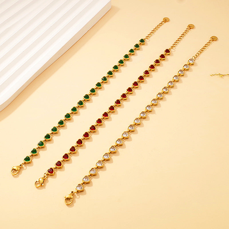 Wholesale Luxury Stainless Steel Colored Zircon Heart Bracelet