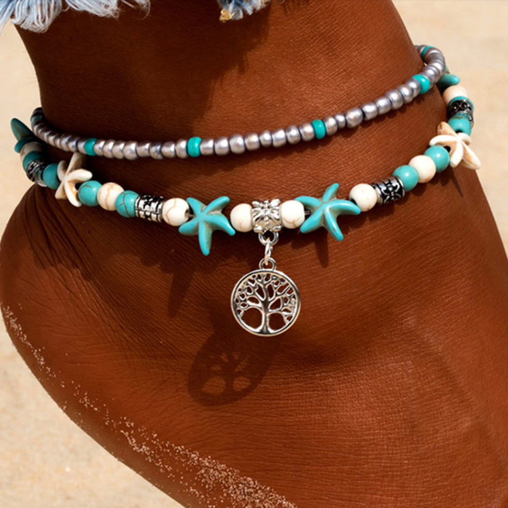 Wholesale Turquoise Starfish Sea Turtle Beach Style Retro Double Layer Anklet ACC-AS-Gaot004