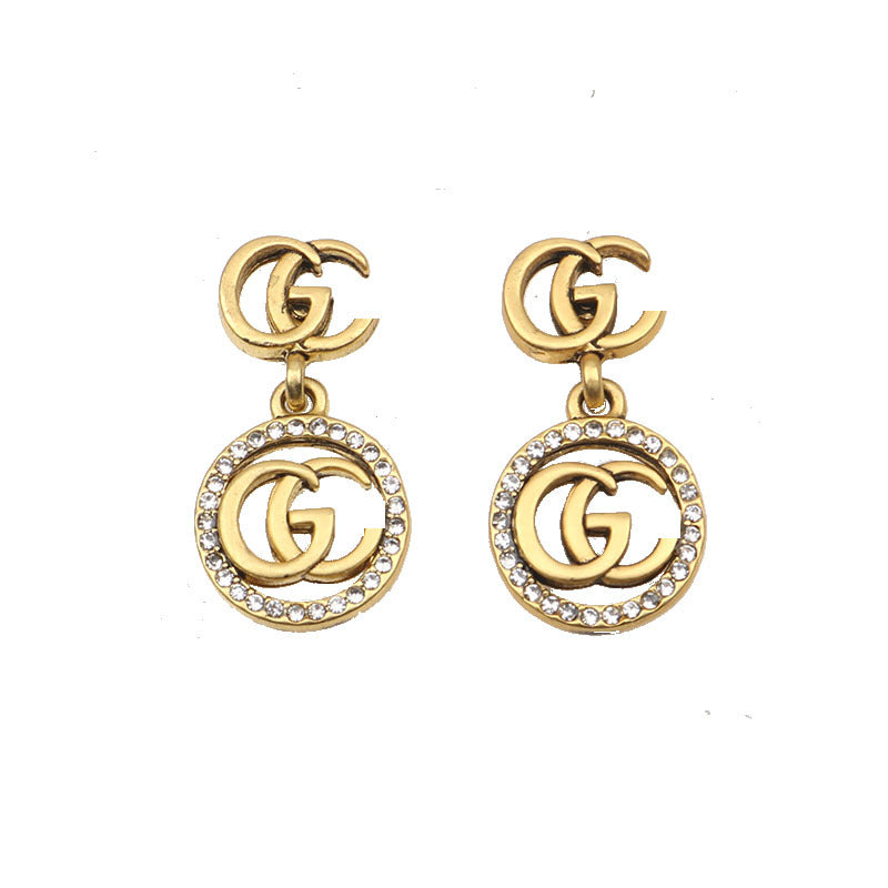 Wholesale Retro European Style Double G Long Circle Earrings Rhinestone Alloy for Women Fashion Accessory