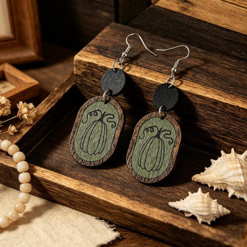 Wholesale Wooden Pumpkin Print Earrings Bohemian Retro Geometric  Jewelry Accessory For Party Gift