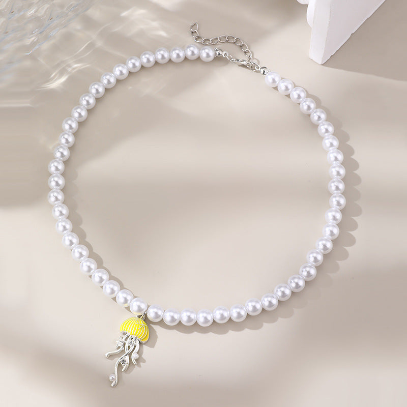 Wholesale pearl necklace metal jellyfish pink cute ocean wind  jewelry