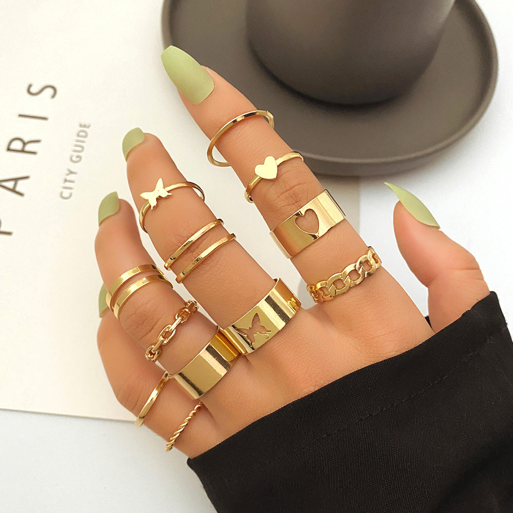 Wholesale 10pcs/set Vintage Style Pearl Embedded Chain Link Ring Set
