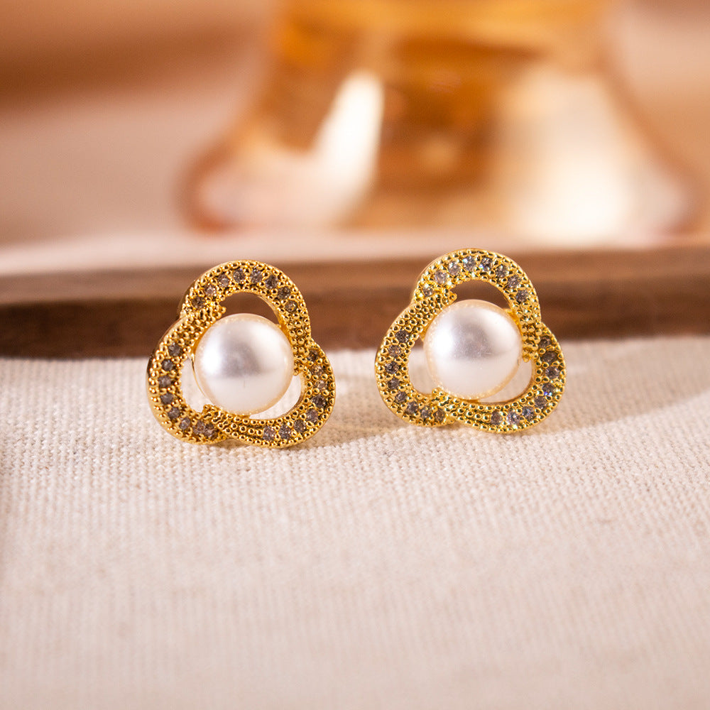 Wholesale Silver Needle Zircon Clover Pearl Earrings