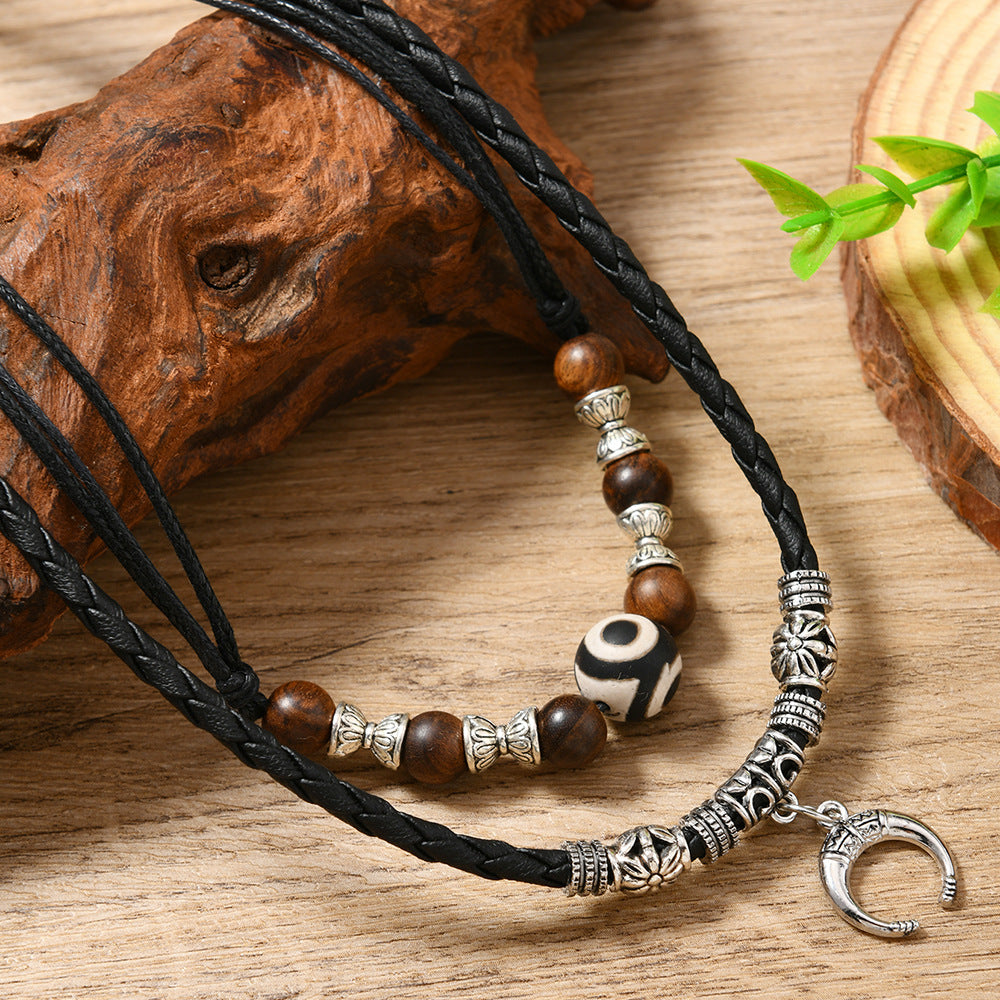 Wholesale Leather retro woven wooden bead necklace