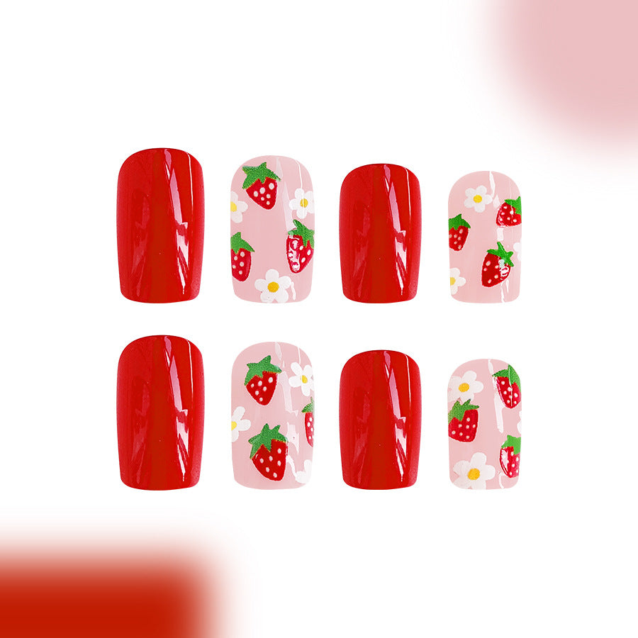 Wholesale 24 Pieces/box Strawberry Flower Manicure Press-on Nails Kits Nail Stickers ACC-NS-GuaiXL027
