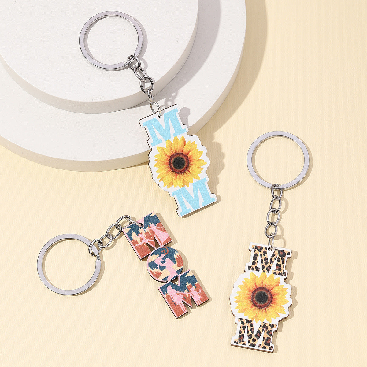 Wholesale Sunflower MOM Mother's Day Leopard Wooden Keychain ACC-KC-RongR032