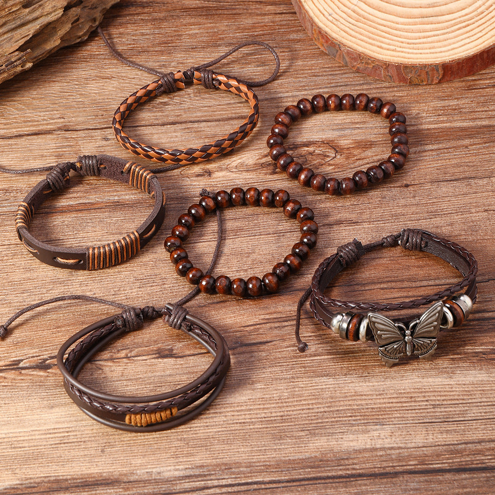 Wholesale Stylish Retro Butterfly Handmade Leather Bracelet Set 6 Piece Unisex Jewelry Accessory For Gift And Boutique Resale