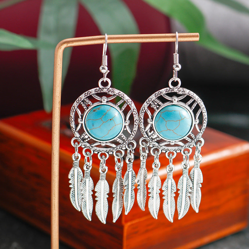 Wholesale Vintage Ethnic Style Turquoise Leaf Earrings ACC-ES-YueSen003