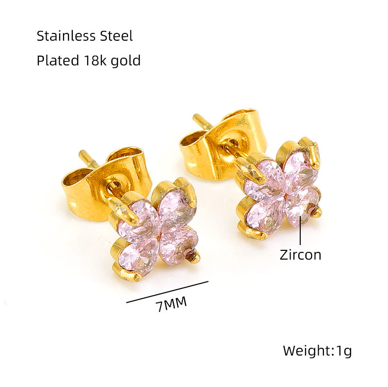Wholesale Stainless Steel Plated Earrings for Women 18K Gold Inlaid Zircon Four-leaf Clover Earrings ACC-ES-ZhongXin005