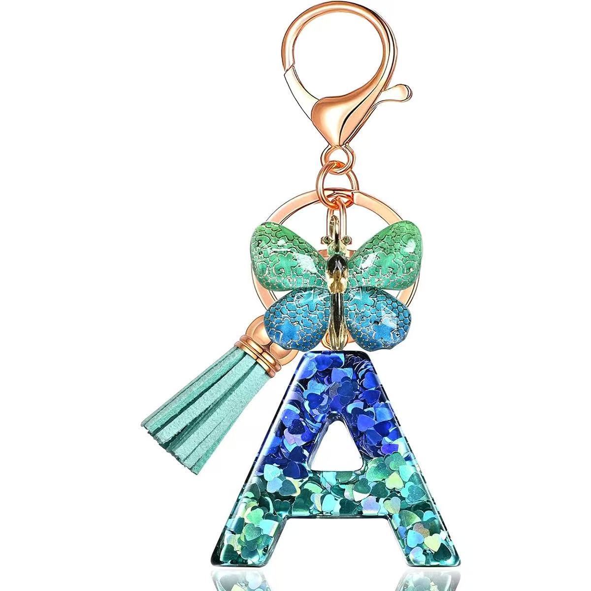 Wholesale Resin Alphabet Keychain With Butterfly Tassel Blue Gradient Vacation Style Fashion Accessory For Bags And Keys