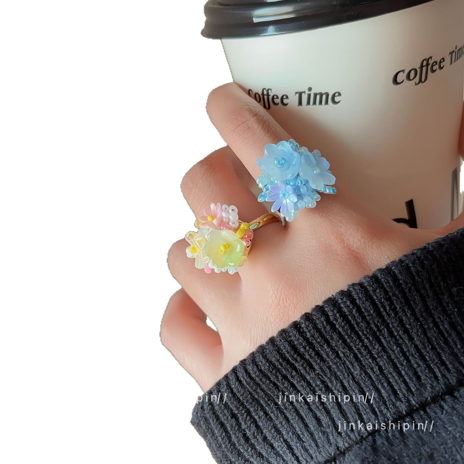 Wholesale Summer  Handmade Beaded Hydrangea Flower Ring