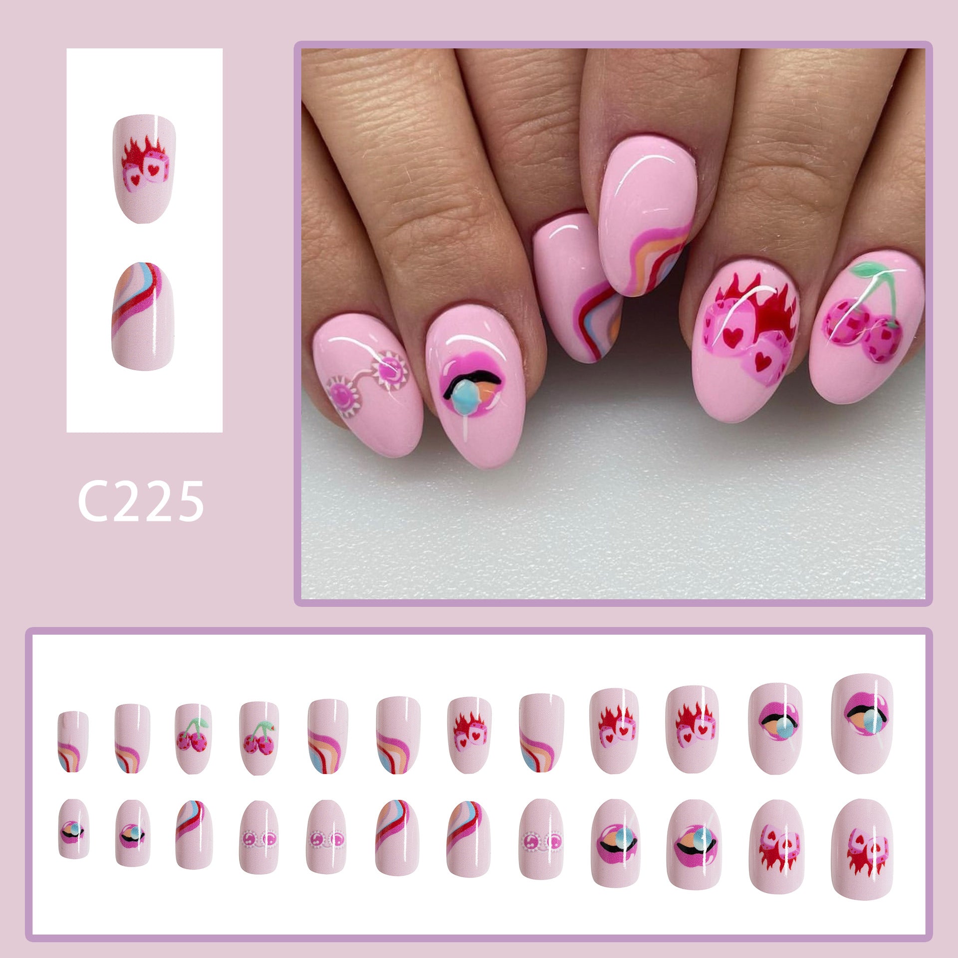 Wholesale 24 Pieces/box Valentine's Day Glossy Oval Heart Flame Lips Manicure Press-on Nails Kits Nail Stickers ACC-NS-GuaiXL050