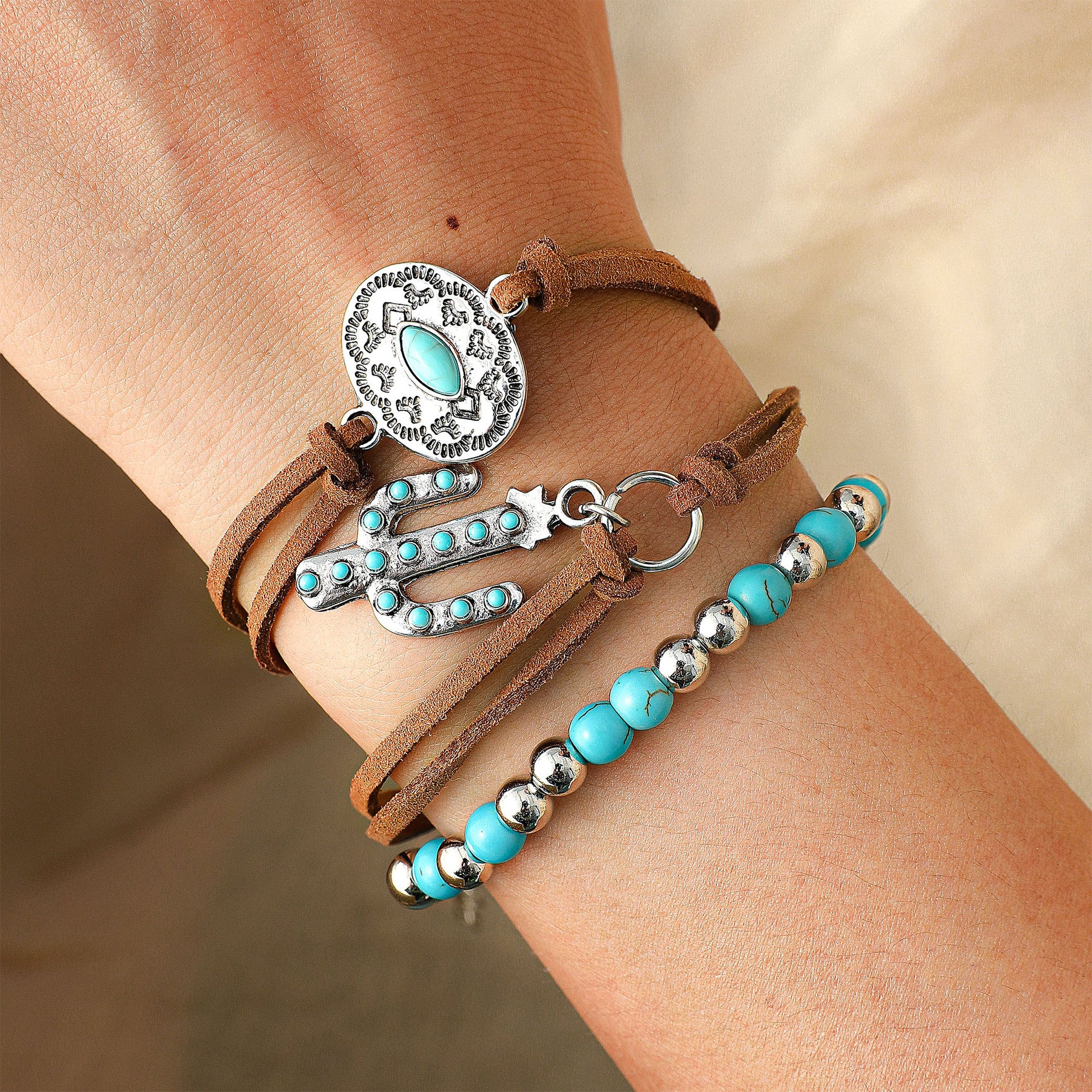 Wholesale Retro Ethnic Style Imitation Turquoise Cactus Tag Bracelet Set - Chic Fashion Accessory Gift