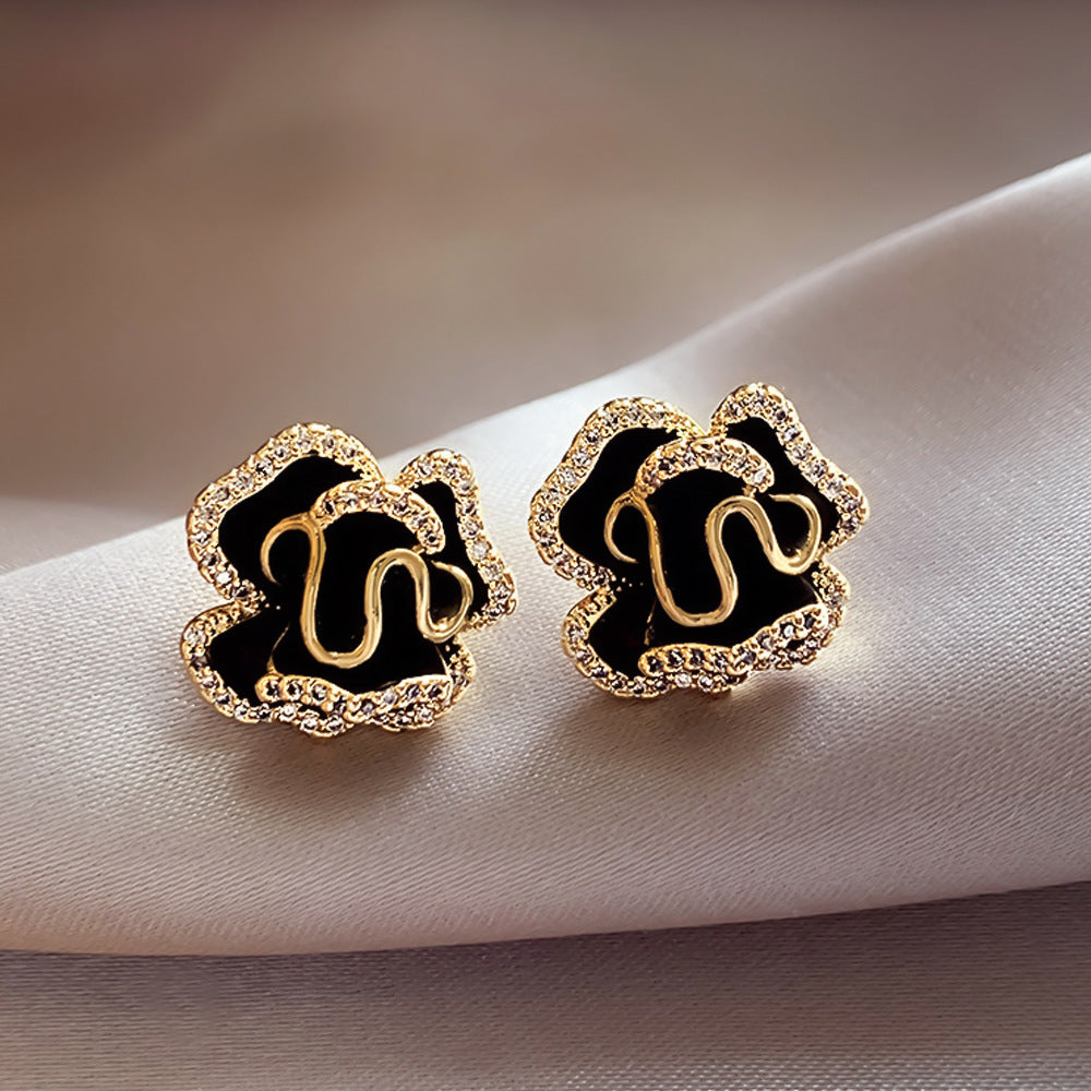 Wholesale Zircon Camellia Ear Clip Gold Light Luxury Flower Earrings