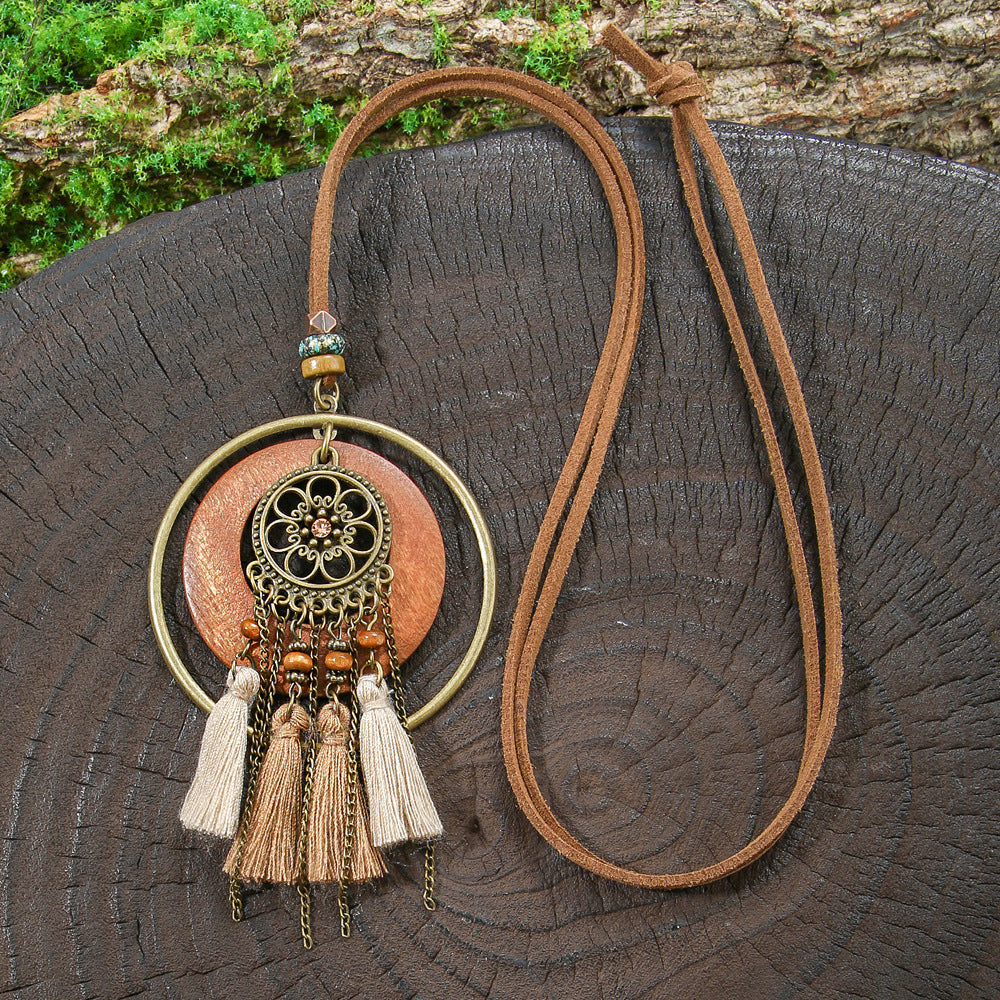 Wholesale Zinc Alloy Bohemian Ethnic Style Long Necklace with Wooden Tassel