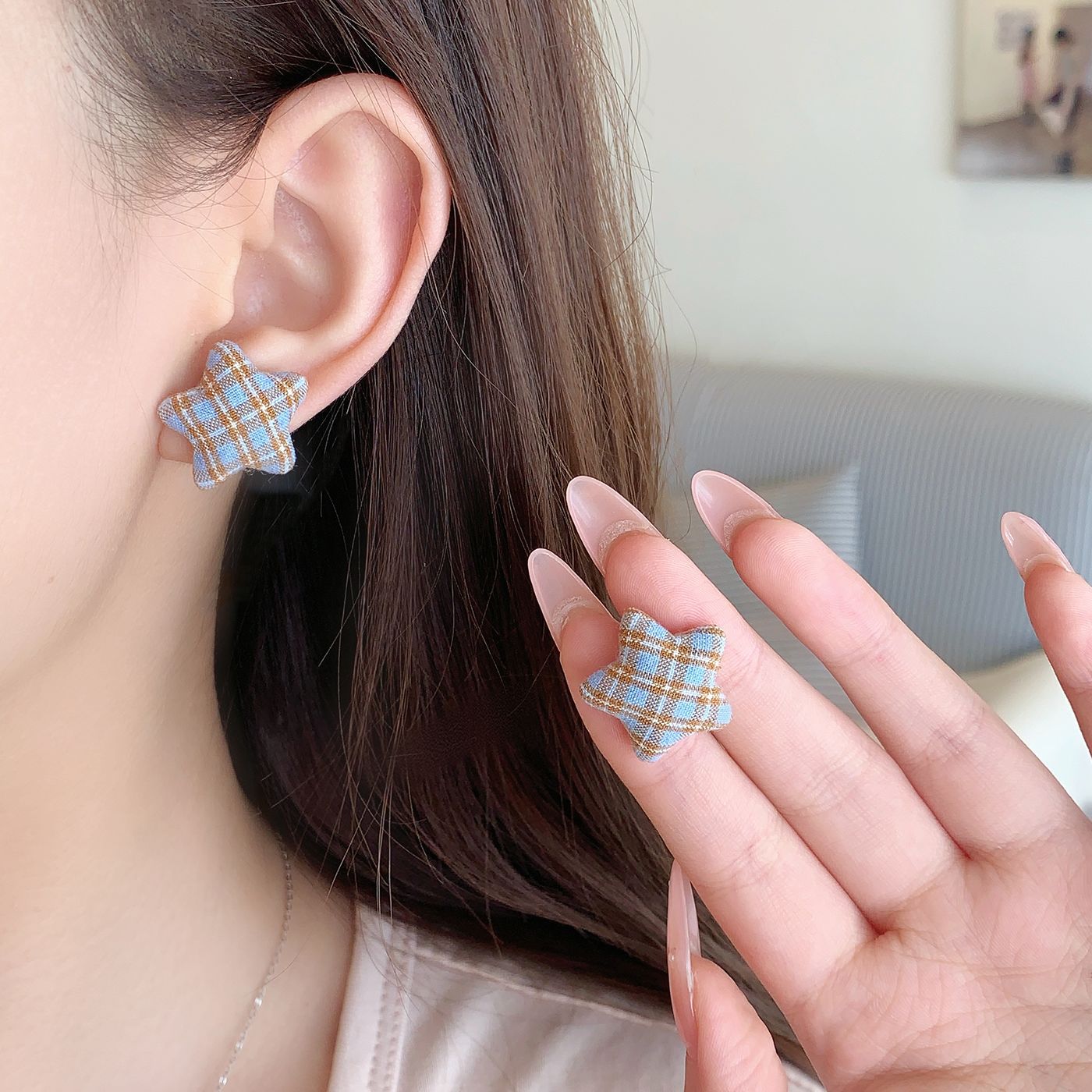 Wholesale Retro colorful fabric plaid five-pointed star heart earrings silver needle literary design earrings