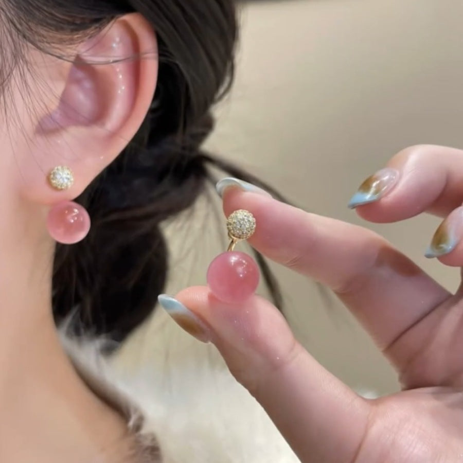 Wholesale Pink Cat's Eye Front and Back Silver Needle Earrings