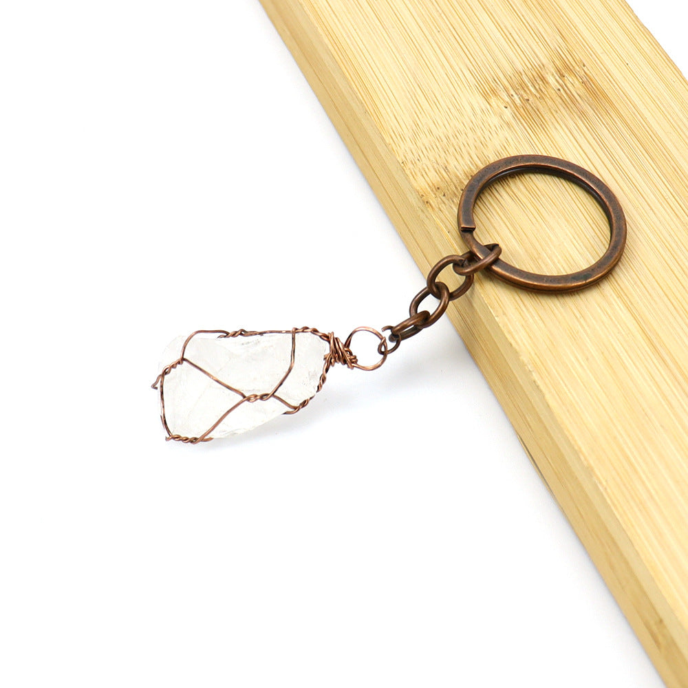 Wholesale Copper Wire Wound Natural Crystal Raw Stone Keychain ACC-KC-HanX007
