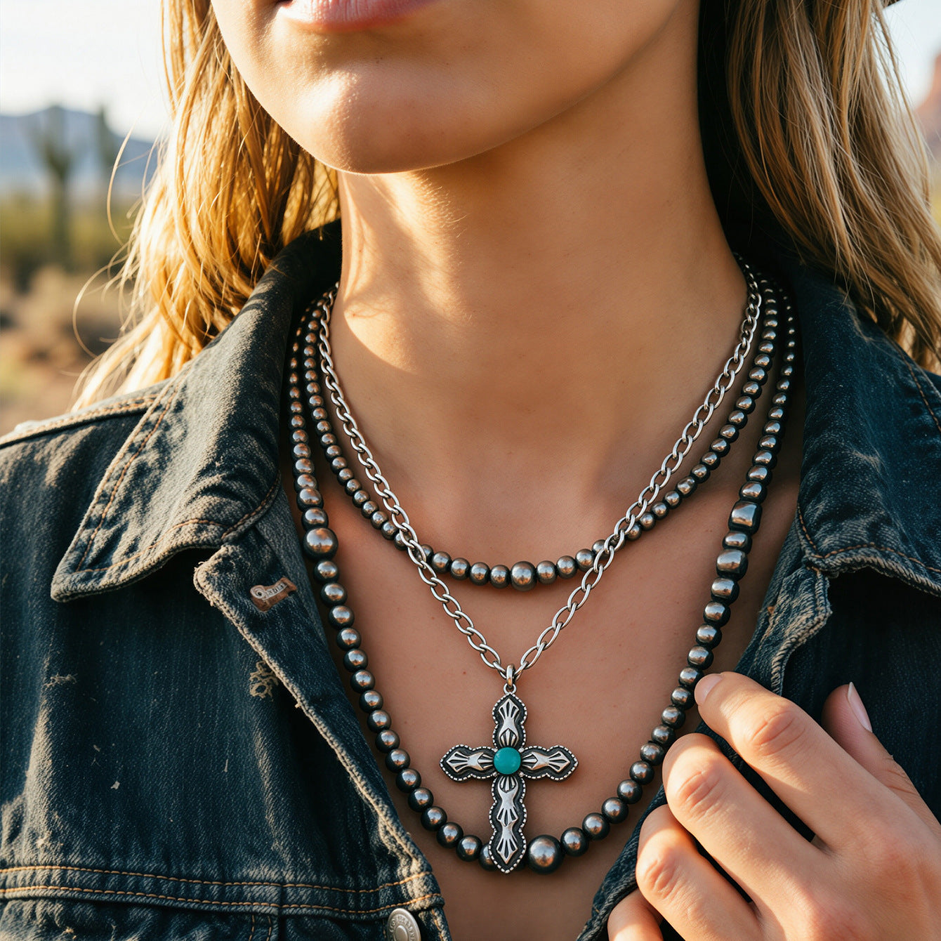 Wholesale Bohemian Layered Beaded Turquoise Necklace Set Western Cowboy Style Jewelry Accessory