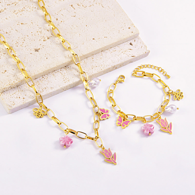 Wholesale Titanium Steel Pink Drop Tulip Sweater Necklace Multi-element Butterfly Bee Bracelet