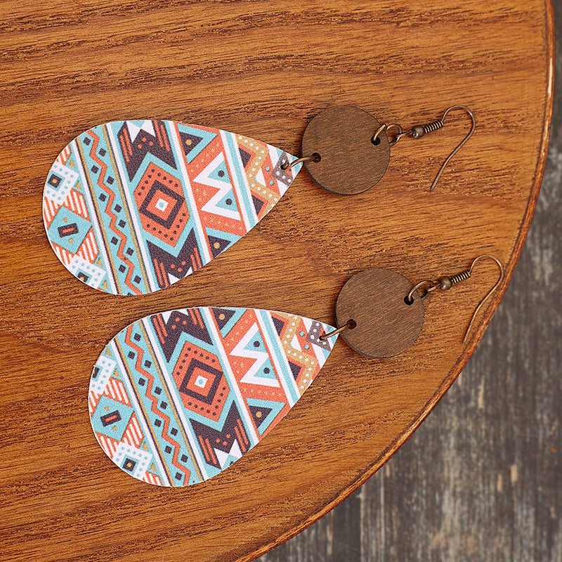 Wholesale Vintage drop-shaped western ethnic style Aztec pattern double-sided leather earrings