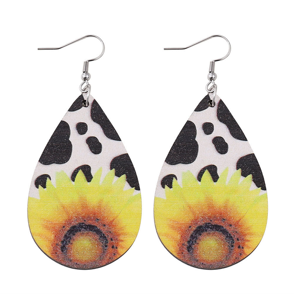 Wholesale Western Style Cow Print & Sunflower Earrings Double Sided Wooden Dangles