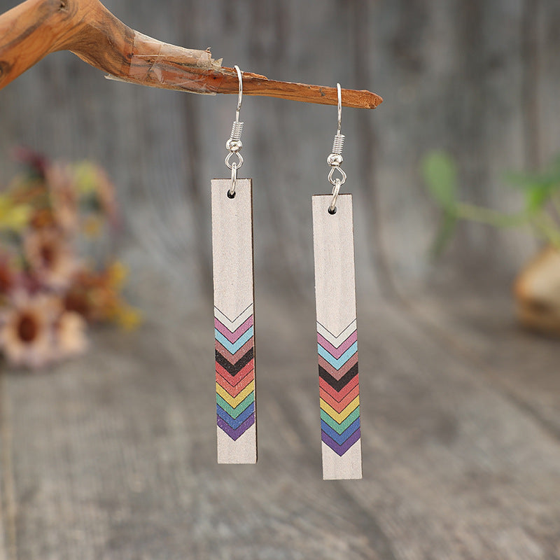 Wholesale  Geometric Rectangular Printed Rainbow Pattern Wooden  Moon Retro Earrings