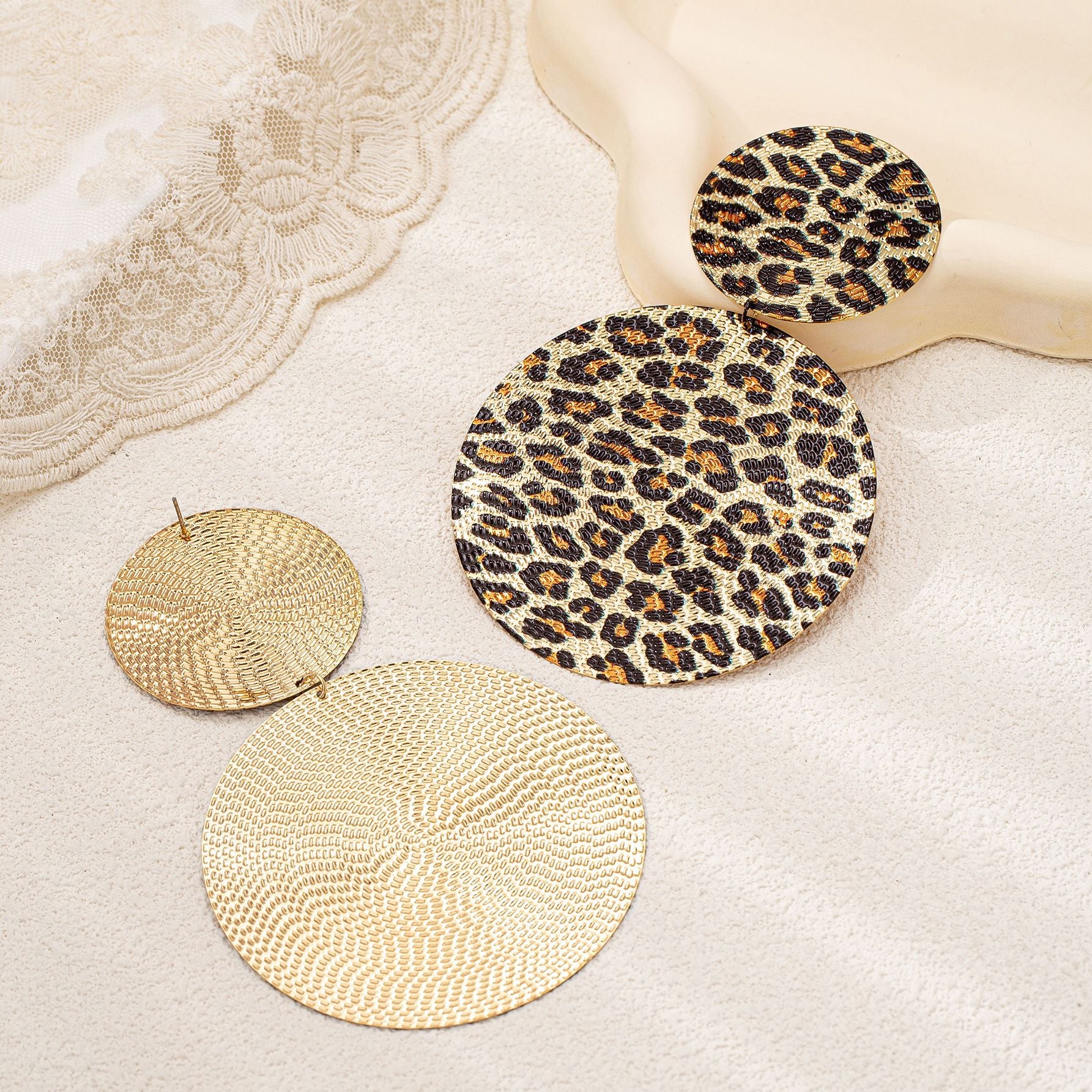 Wholesale Large Size Round Leopard Print Metal Earrings