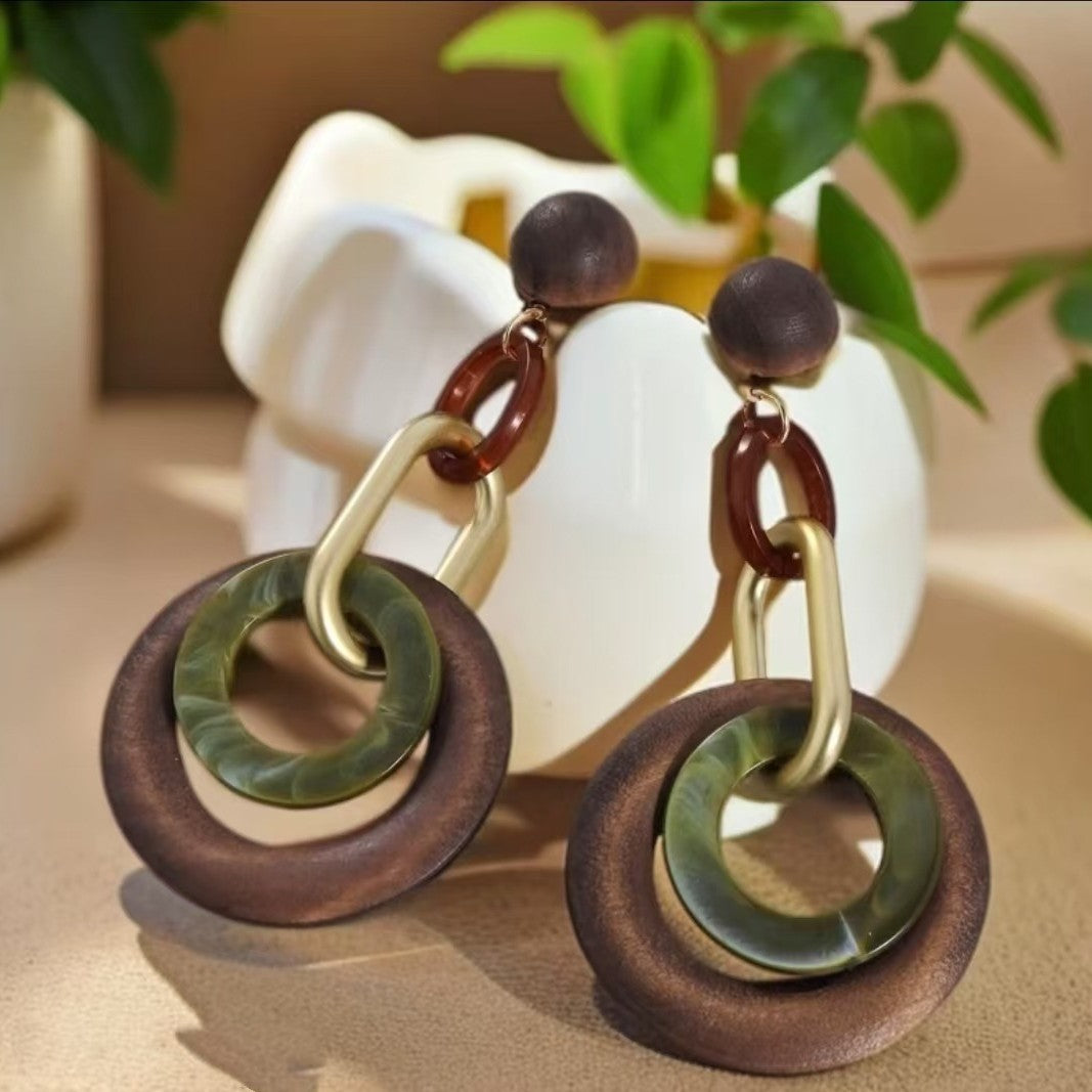 Wholesale Retro Geometric Color-Block Wooden Hoop Earrings for Women Party Wear