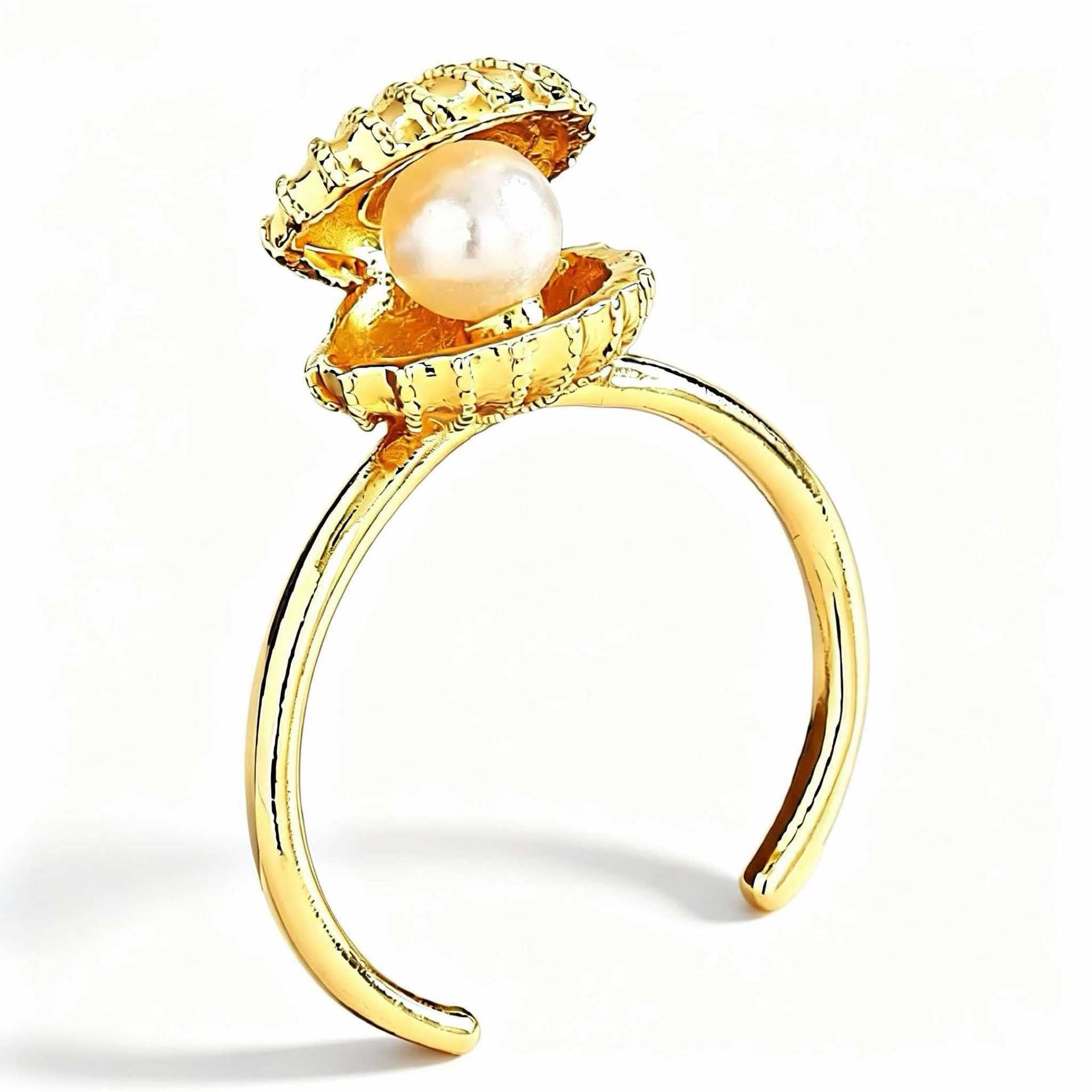 Wholesale Copper Pearl Zircon Shell Open Ring For Women Stylish Adjustable Jewelry Accessory Boutique Party Gift