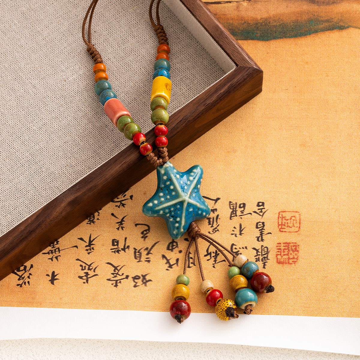 Wholesale  Bohemian colorful starfish ceramic beaded retro necklace