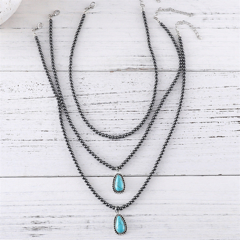 Wholesale Zinc Alloy Bohemian Teardrop Turquoise Black Bead Necklace Jewelry Accessory