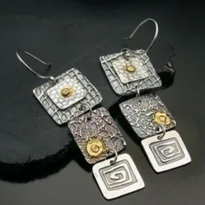 Wholesale  tribal geometric carved square metal earrings