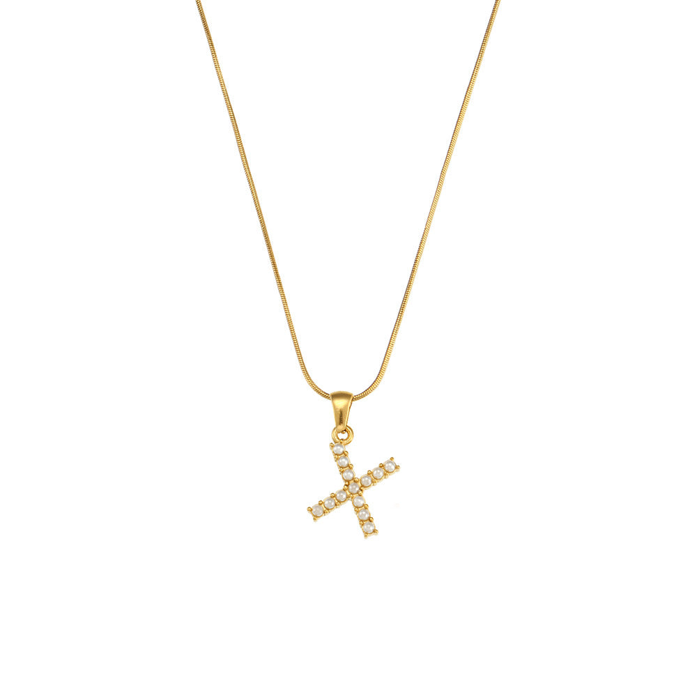 Wholesale Stainless Steel Necklace 18K Gold Plated Necklace Thin Snake Chain Pearl Letter Necklace ACC-NE-MengJ010
