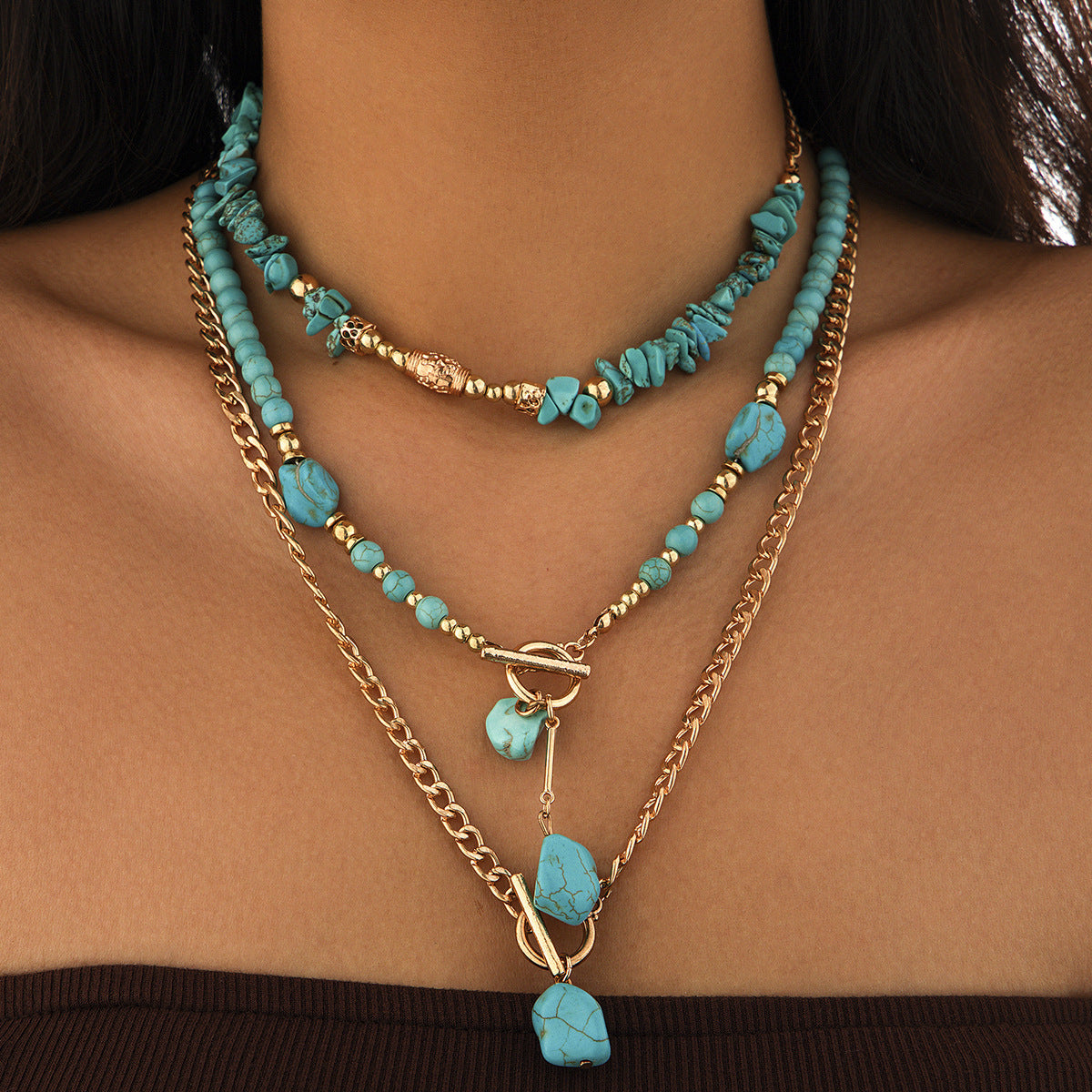 Wholesale Retro Bohemian Multi-Layer Necklace with Turquoise Color,  Iron Electroplating,  Fashion Accessory for Women