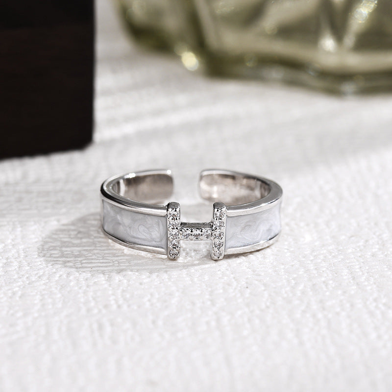 Wholesale Fashion Open Ring with Mother-of-Pearl H Initial,  Adjustable Copper Jewelry for Women,  Trendy Gift
